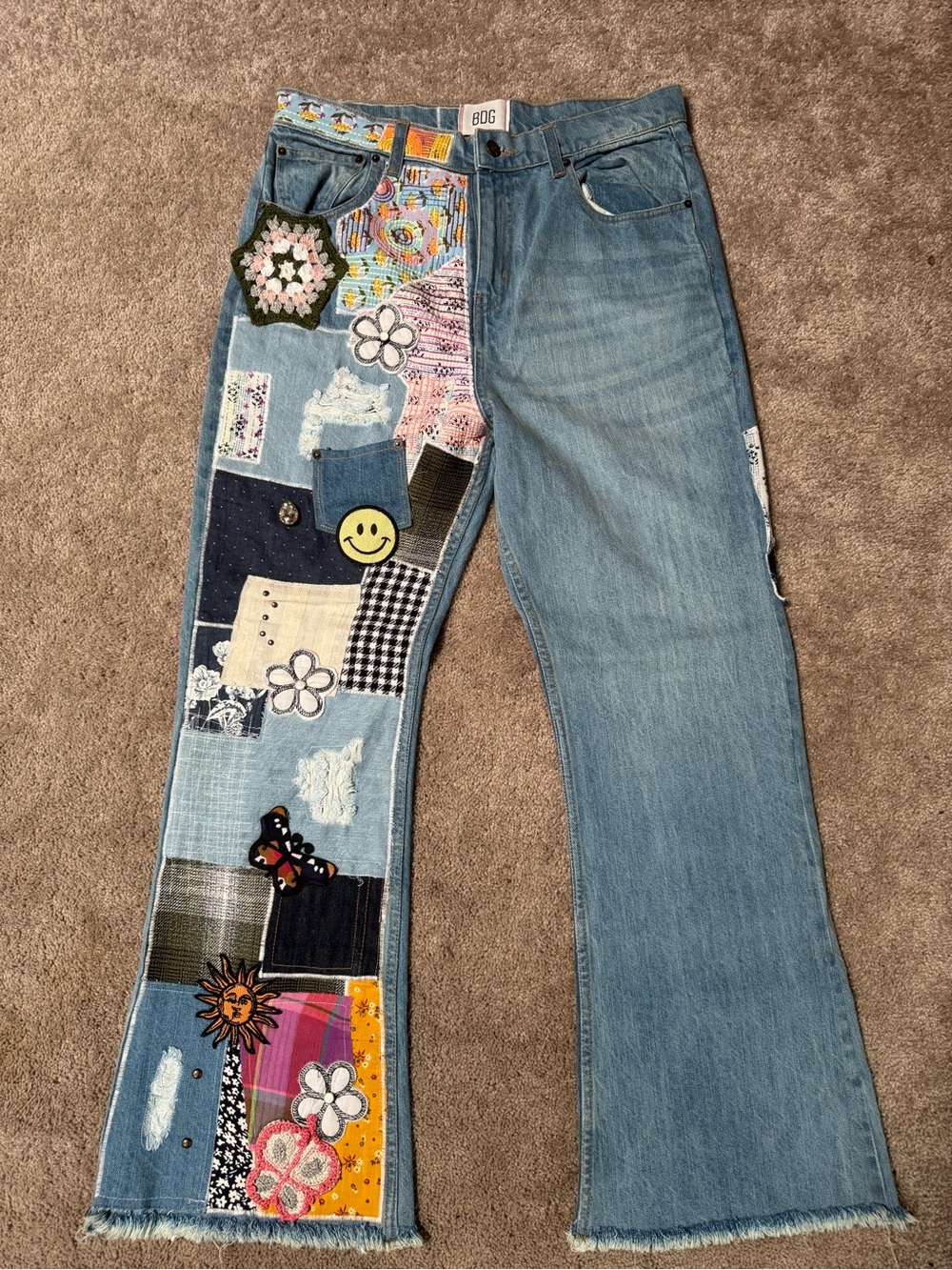 BDG Women's Patchwork Light Blue Wide-Leg Jeans with Embroidered size 33 Flare